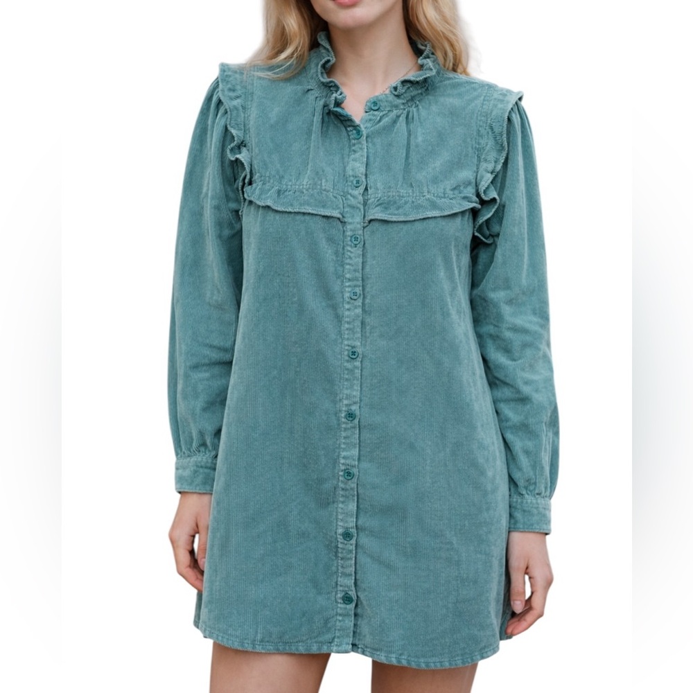 Peach Love Teal Corduroy Mini Dress or Tunic Shirt Ruffle Accent